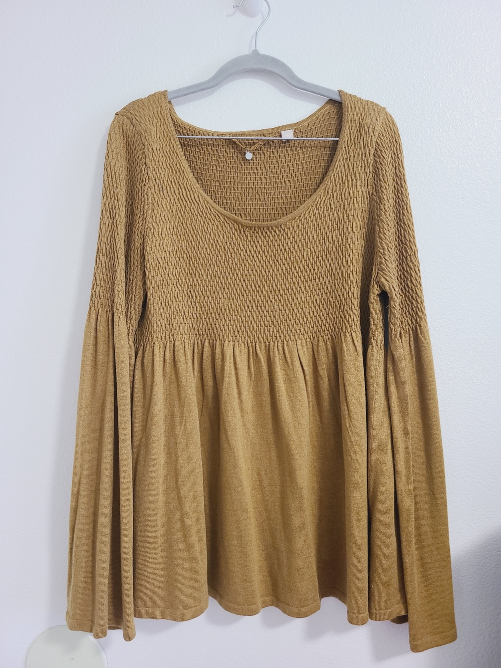 Anthropologie Knitted & Knotted Smocked Scoop Neck Long Sleeve Top in Mustard